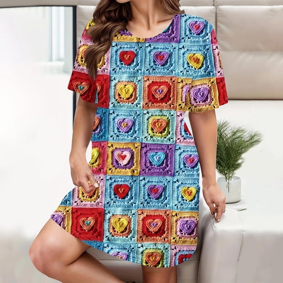 Blmnix Plus Size Nightgowns Nightgowns for Women Soft Cotton Valentine Sleepshirts Sleep Shirt Crew Neck Above-the-Knee Short Sleeve Blue Nightgowns for Women Plus Size,XL