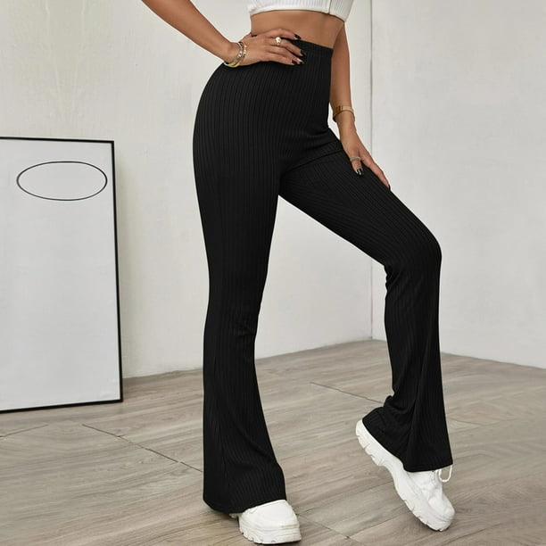 MAWCLOS Women Palazzo Pants High Waist Flare Pant Solid Color Bell Bottom  Casual Cycling Elastic Waisted Leggings Black M 