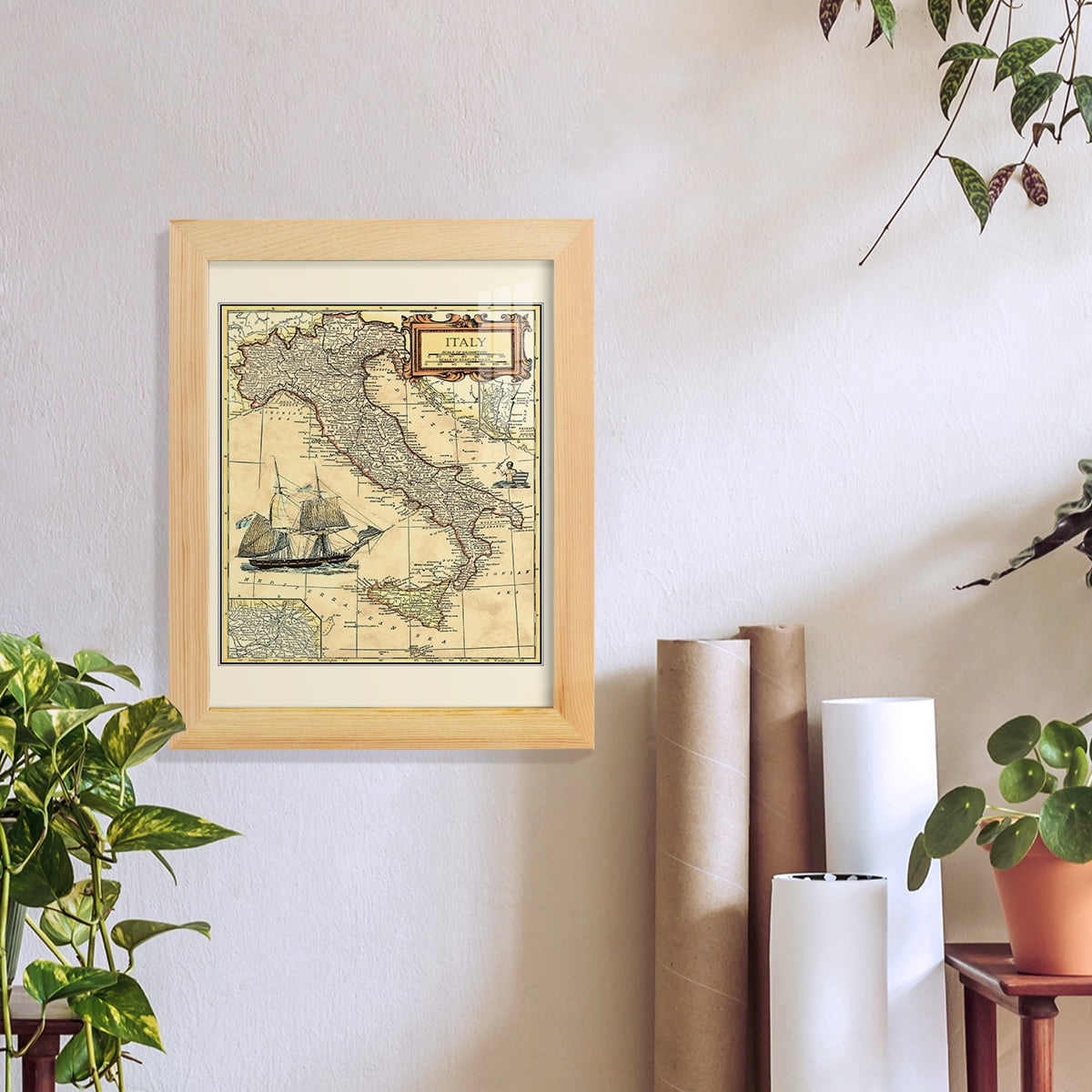 Italy Map -Framed Print w/glass-Natural Wood