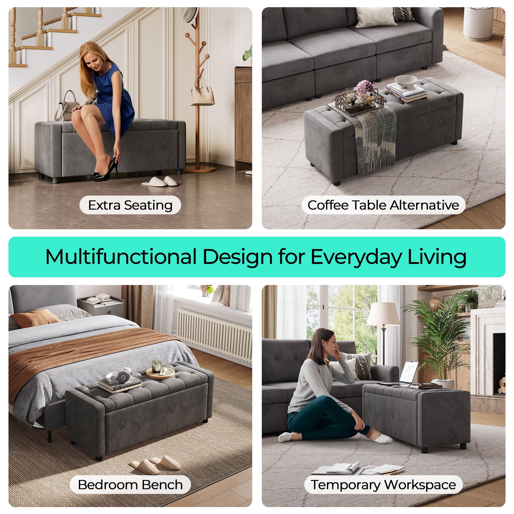Linsy Home 50" Ottoman with Storage for Living Room, Velvet Storage Ottoman Bench with Gas Lift, Grey