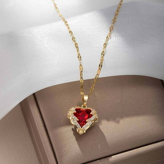 Heart 304 Stainless Steel Pendant Necklaces with Cubic Zirconia Red 15.75 inch(40cm)
