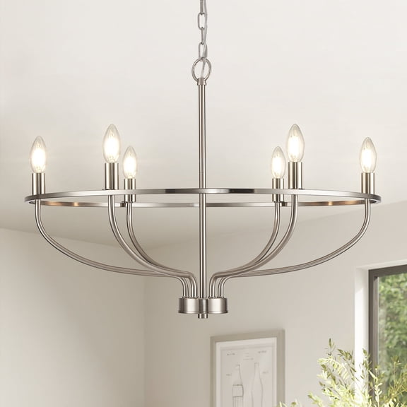 Brushed Nickel Chandelier, 6-Light Dining Room Chandelier Chrome Light Fixture Metal Candle Kitchen Chandeliers 28inch Round Chandeliers with Long Chain for Bedroom Living Room