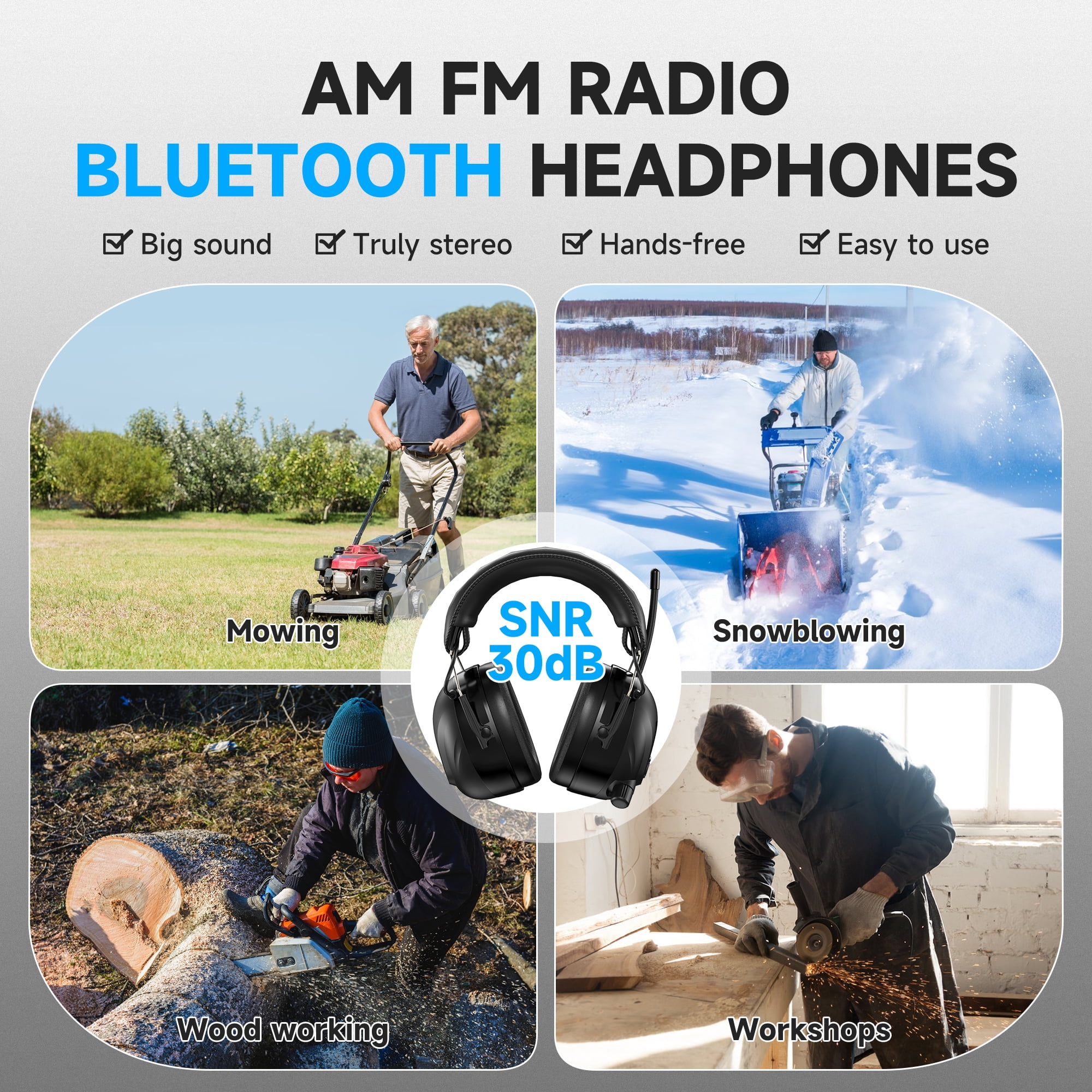 Bluetooth AM FM Radio Headphones with Color Digital Display, 2000mAh Rechargeable Bluetooth 5.4 Hearing Protection, 30dB Safety Earmuffs Ear Protection for Mowing, Work - Black