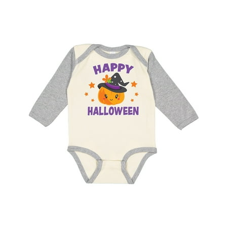 

Inktastic Happy Halloween Pumpkin with Witch Hat and Stars Gift Baby Girl Long Sleeve Bodysuit