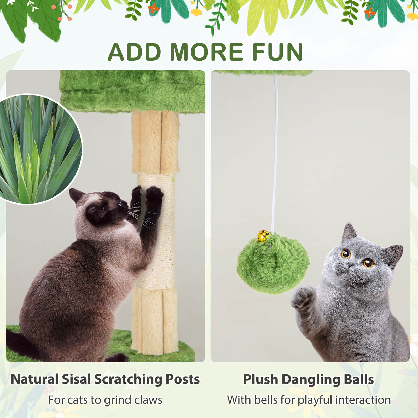 Infans 63" Tall Cat Tree w/ 2 Condos Plush Padded Top Perch 2 Hammocks 2 Dangling Balls