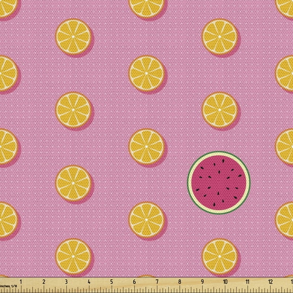 Ambesonne Summer Fabric by the Yard Upholstery, Watermelon and Orange Slices, 3 Yards, Marigold and Pink