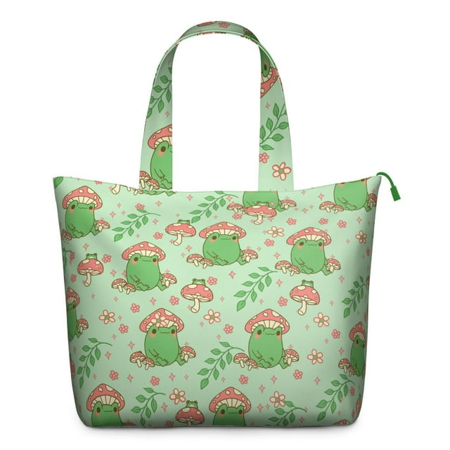Frog Nature Travel Tote, Forest Green Frog Cartoon Print Weekender Duffel Bag, Plant and Flower Pattern Multipurpose Bag for Women