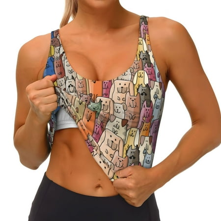 Qokaie Funny Dogs Family Pattern Womens Scoop Neck Sports Bra Breathable Workout Vest Padded U Back Medium Impact Fitness Gym Yoga Bra Workout Crop Top