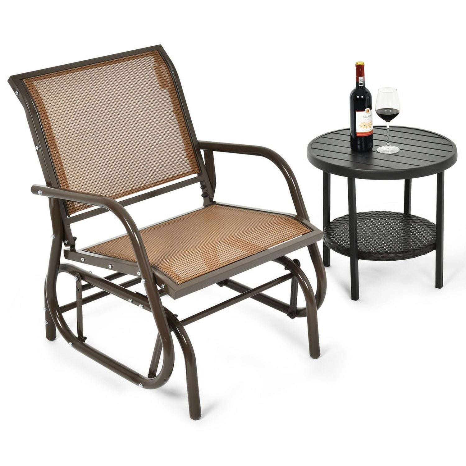 Aimee Lii Outdoor Single Chair with Coffee Table, Patio Glider Bench, Porch, Backyard, Sturdy, Brown