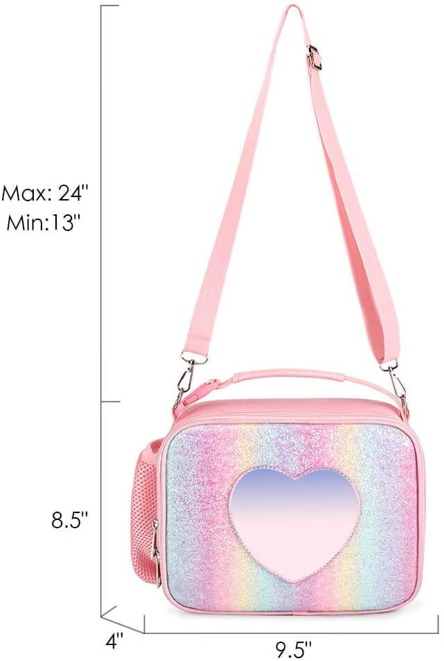 mibasies Girls Lunch Bag for Kids Insulated Lunch Box with Shoulder Strap  and Bottle Holder, Glitter Rainbow