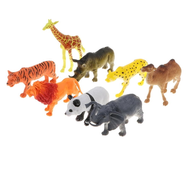8 piezas de plástico zoo animal modelo juguete educativo partido bolsa rellenos sunnimix figura de juguete para niños, conjunto de ocho figuras sobre fondo blanco en vista frontal a 3/4: tigre naranja con rayas negras, león naranja, jirafa amarilla con manchas, panda blanco y negro, elefante gris, rinoceronte verde-marrón, leopardo amarillo con manchas y camello marrón; tamaño aproximado 10–13 cm, acabado plástico texturizado. Ideal como juguete educativo o decoración de habitación; a menudo se usa también para actividades educativas en la escuela o en casa.