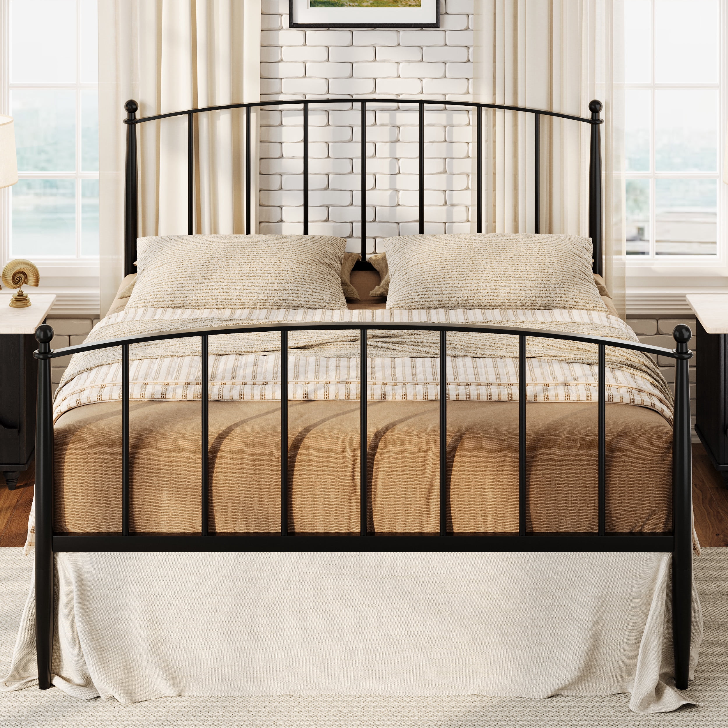 Sha Cerlin Full Size Metal Platform Bed Frame with Victorian Style Iron-Art Headboard and Footboard, Black
