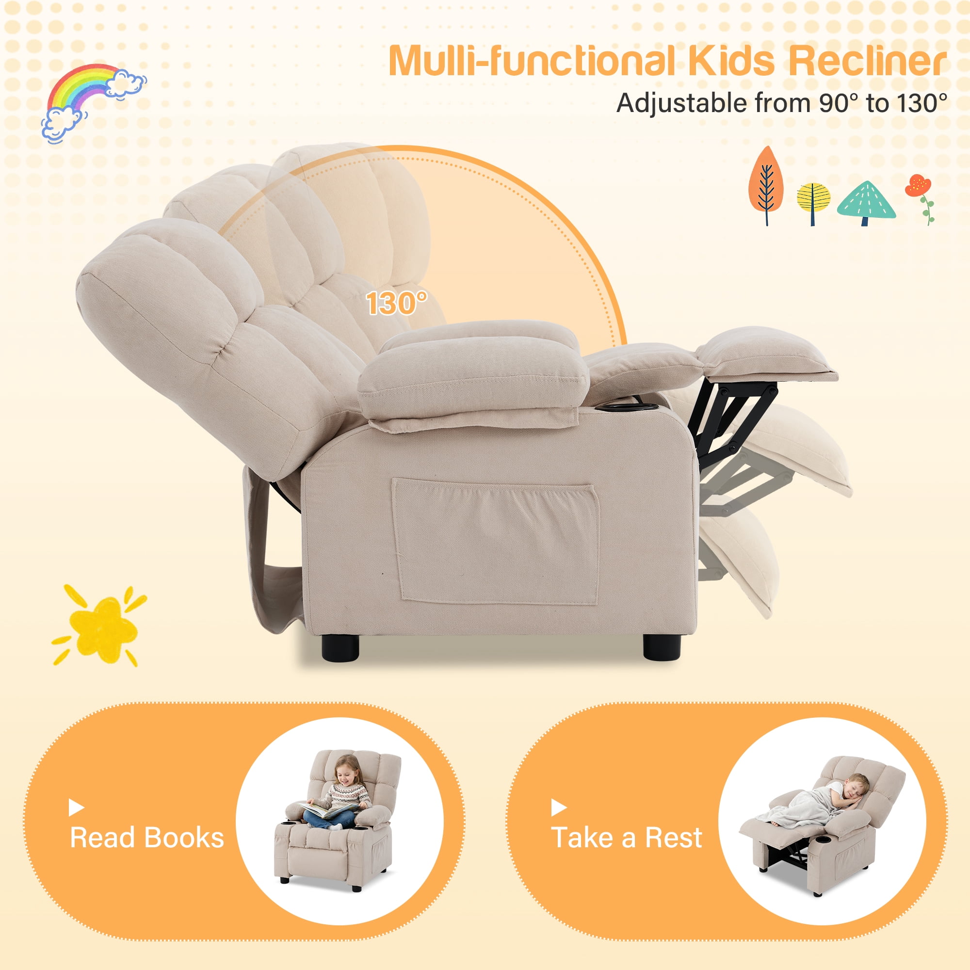 JONPONY Kids Recliner Chair,Push Back Toddler Recliner with Cup Holders & Side Pockets，Adjustable Footrest & Headrest Kids Sofa for Boys Girls 3+ Age Group，Children's Bedroom Furniture ，Beige