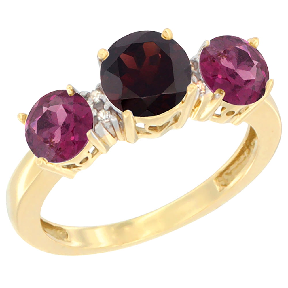 10K Yellow Gold Round 3-Stone Natural Garnet Ring & Rhodolite Sides Diamond Accent, sizes 5 10 by WorldJewels