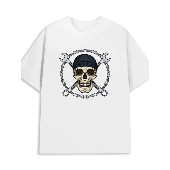 Greenink Skull Mechanic Tee mens 180G Cotton white Unique Design Unisex Shirt Crewneck tshirts Trendy Unisex Shirt Crewneck tshirts Original Unisex Shirt Short Sleeve t