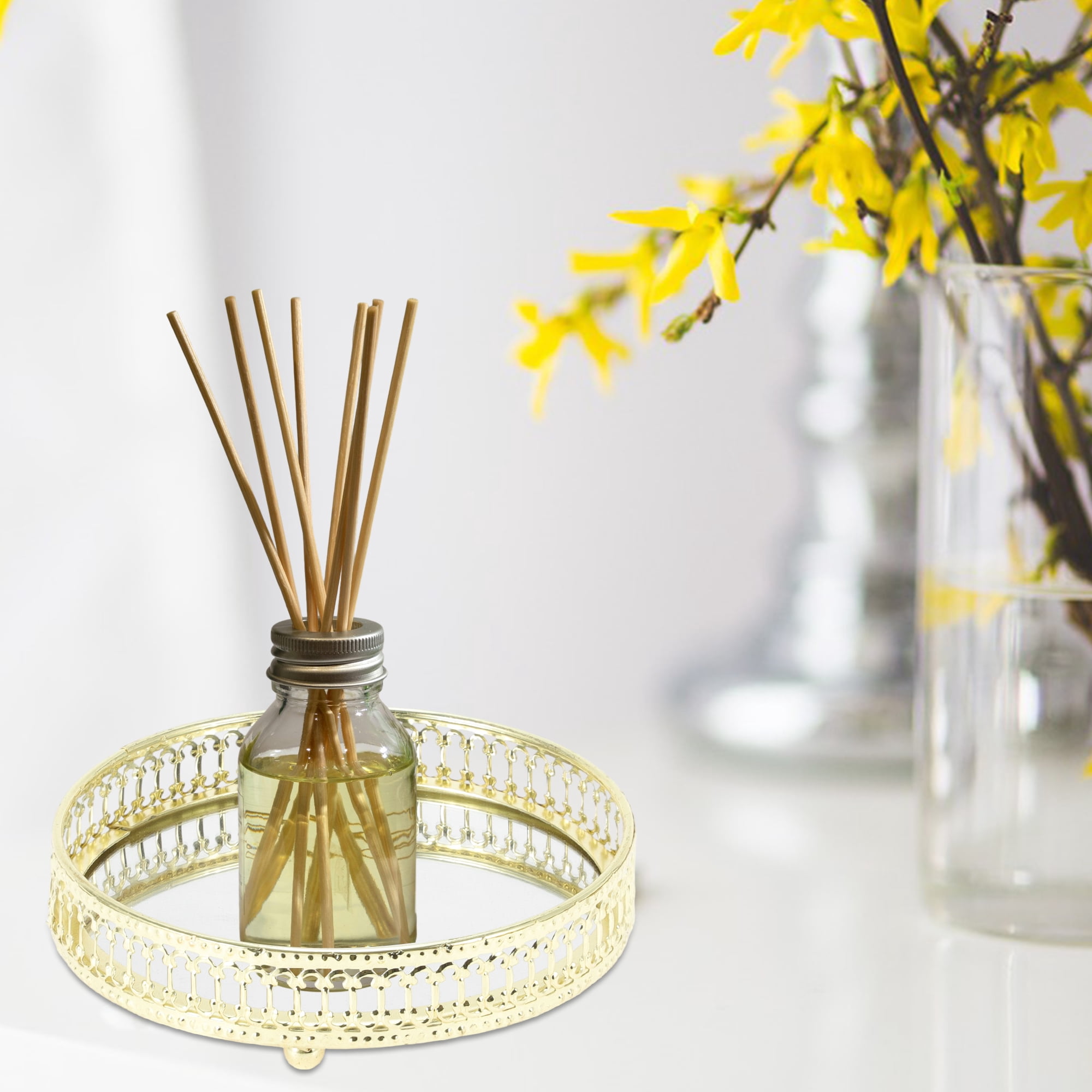 Unique Bargains Round Metal Perfume Tray Glass Candle Cosmetic Decorative Tray