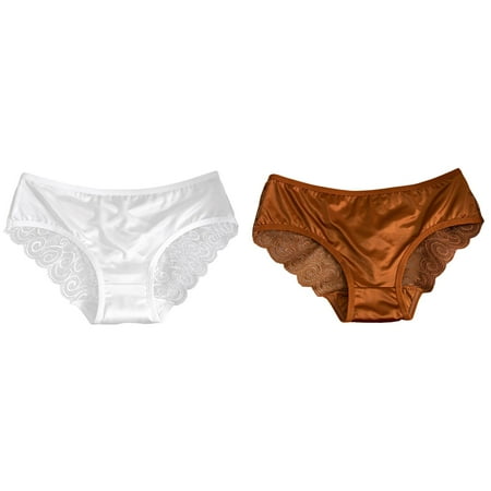 Lojoutye 2 Pack(White 1PCS & Brown 1PCS) Multipack Women s Hollow Thin Strap Sheer Mesh Panties Comfortable Breathable Lace Satin Stitching Briefs