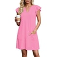 thumbnail image 5 of TEAJOPSUU Women's Casual A-Line Dresses with Pockets Cap Sleeve V Neck Mini Tshirt Dresses Flowy Sundress Pink, 5 of 6