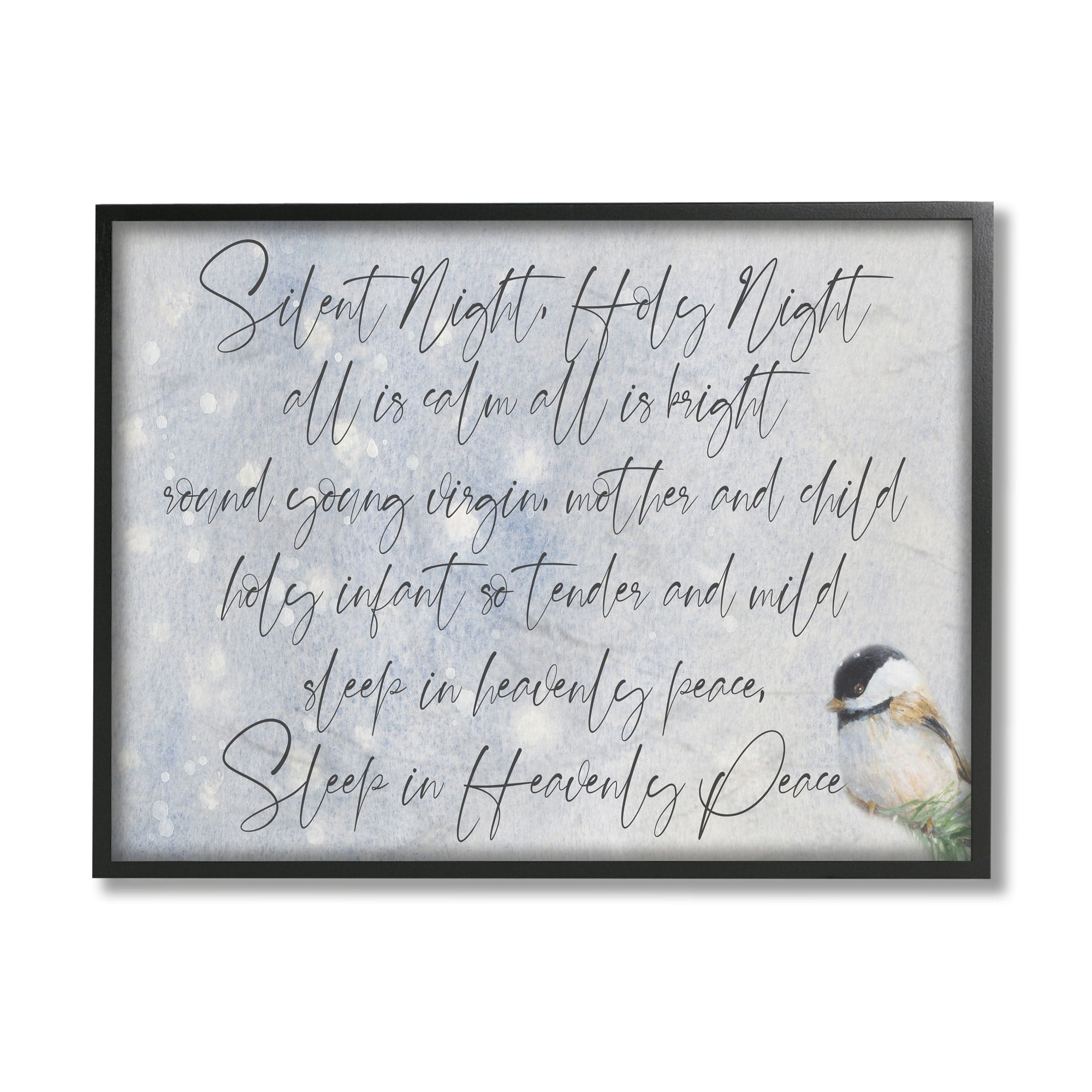 Stupell Industries Christmas Silent Night Script Winter Bird Illustration Holiday Painting Gray Framed Art Print Wall Art, 11 x 14