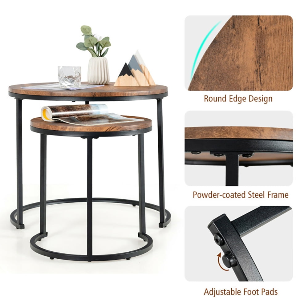 Finihen Round Nesting Coffee Table, Modern Nesting Side Set, Set of 2 Modern Round Stacking Nesting Coffee Tables, for Living Room, Reception Room, Brown Finihen Round Nesting Coffee Table, Modern Nesting Side Set, Set of 2 Modern Round Stacking Nesting Coffee Tables, for Living Room, Reception Room, Brown