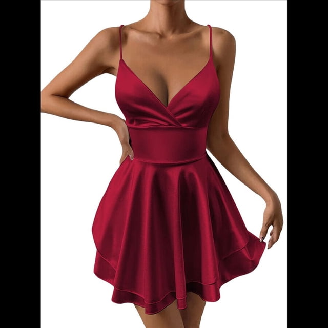 Vestido de Satén con Tirantes Finos para Mujer, Sin Mangas, Escote Bajo, Sin Espalda, Mono Corto de Fiesta. Vino Tinto XS