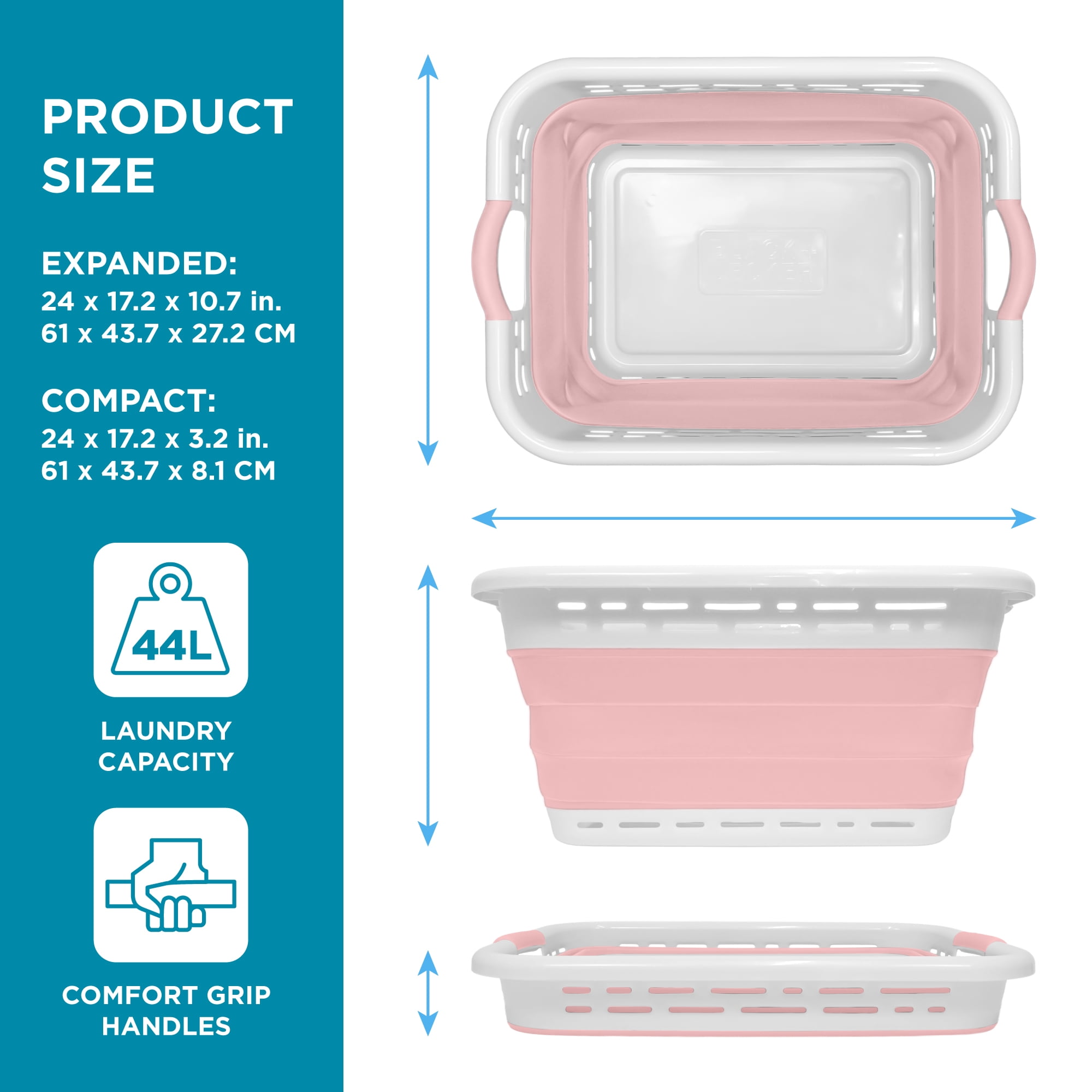 BLACK + DECKER Collapsible Laundry Basket with Handles, Space-Saving Design, Pink, 2-Pack