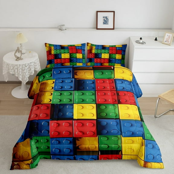 Erosebridal Construction Comforter Set Twin, 3D Building Blocks Bedding , Rainbow Colorful Brick Bedding Comforter Sets Funny Patchwork Geometric Duvet Insert