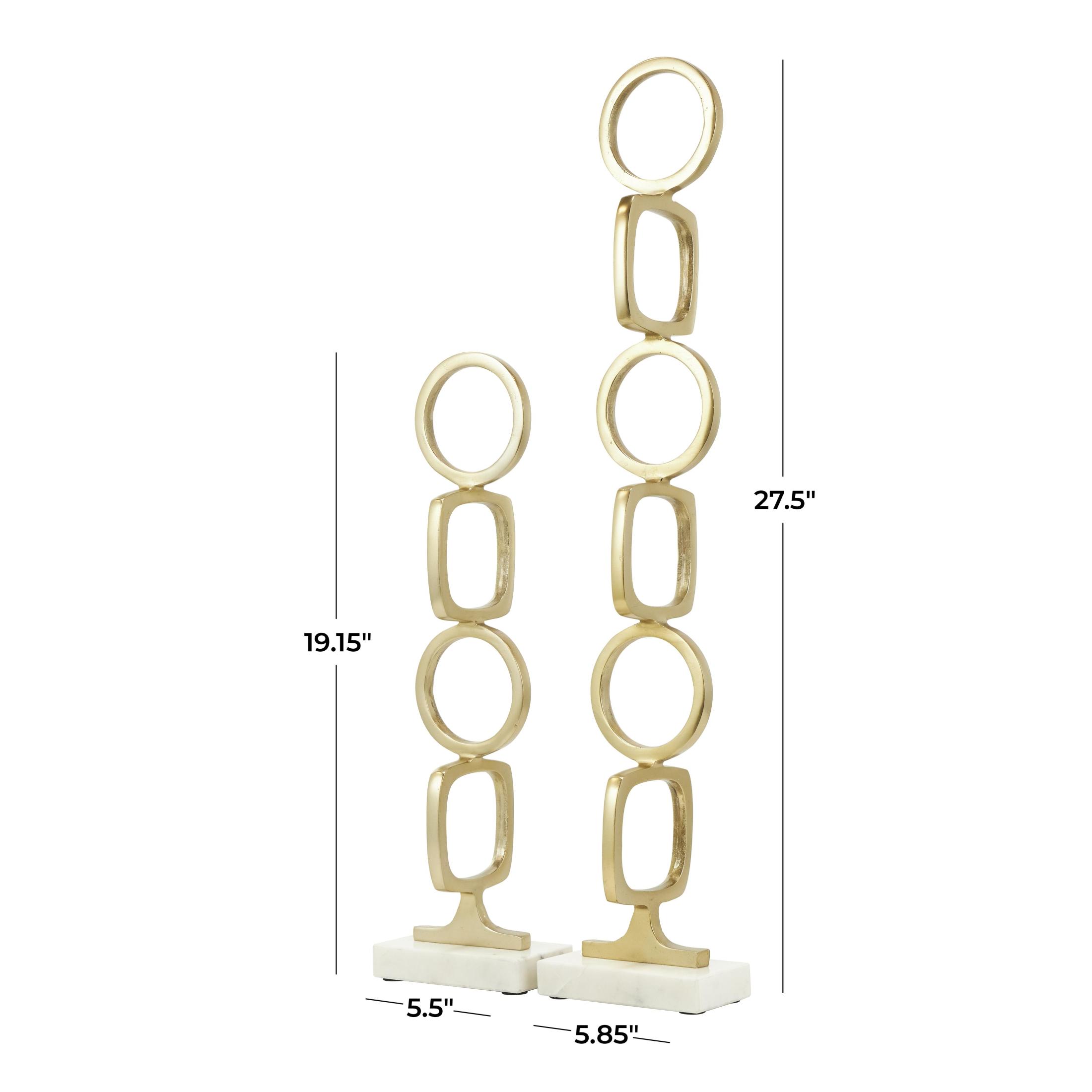 28", 19"H Gold Aluminum Metal Stacked Geometric Rings Abstract Sculpture with Marble Bases, by DecMode (2 Count)