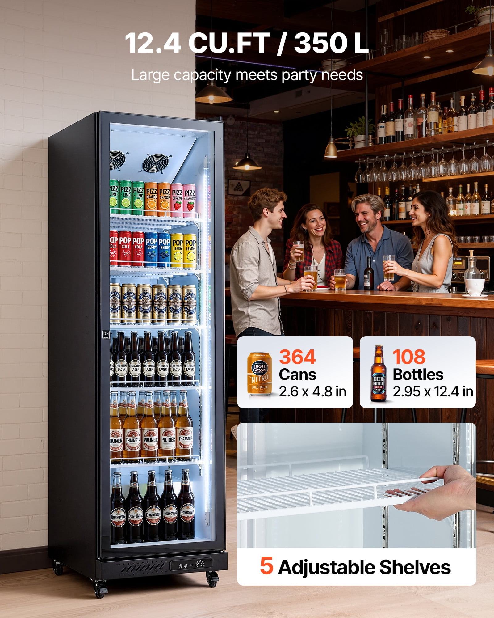 VEVOR Commercial Merchandiser Refrigerator, 12.4 Cu.Ft / 350 L Glass Door Display Refrigerator, Upright Beverage Cooler Fridge with 5 Adjustable Shelves, Soft LED Light & Casters for Homes Shops Bars