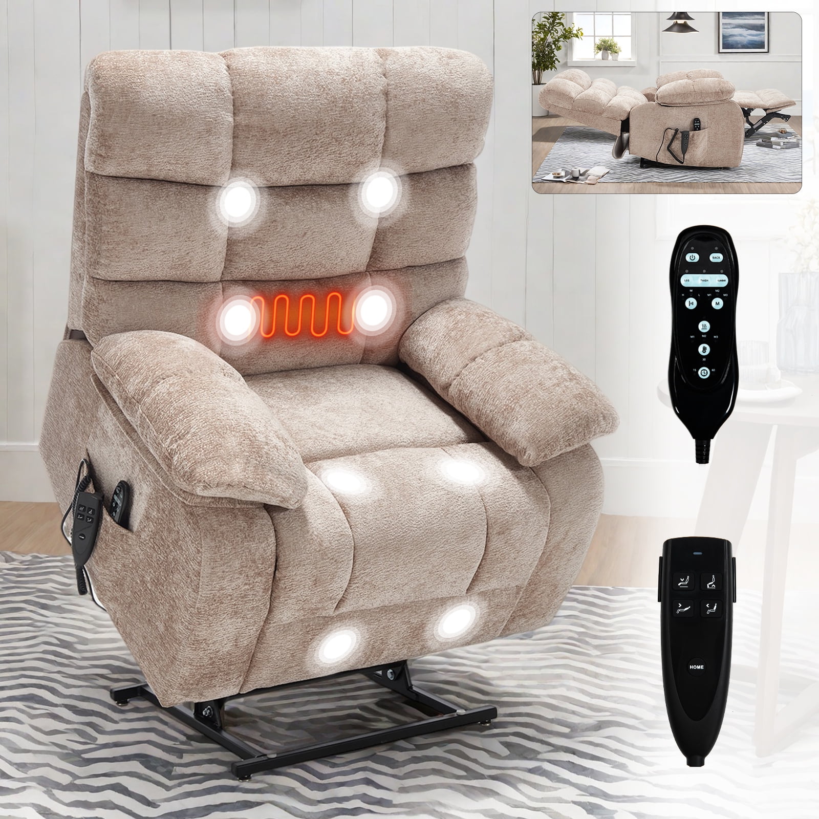 Power Lift Recliner Chair, Heat Massage Dual Motor Infinite Position 350 LBS Heavy Duty, Electric Remote Recliner for Elderly, Medium-Firm Chenille, Beige