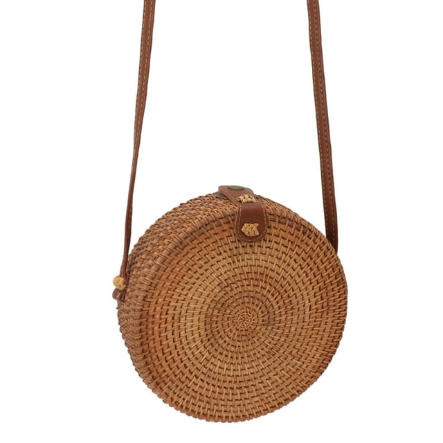 Bolso De Mimbre Redondo Tejido A Mano, Bolso De Hombro Tejido Estilo Playa Tropical, 20 Cm De Diámetro, Respetuoso Con El Medio Ambiente, Ligero Con Correa Ajustable