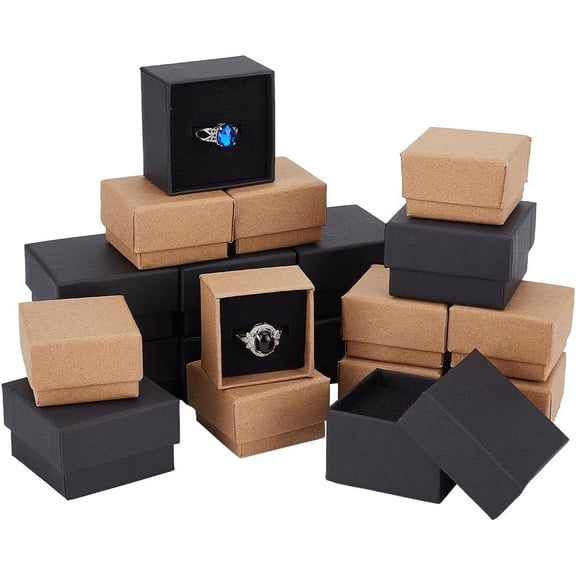 48pcs 2 styles Square Kraft Paper Cardboard Jewelry Ring boxes with Sponge Inside Mixed color 4~5.1x4~5.1x2.8~3.2mm 24pcs/style