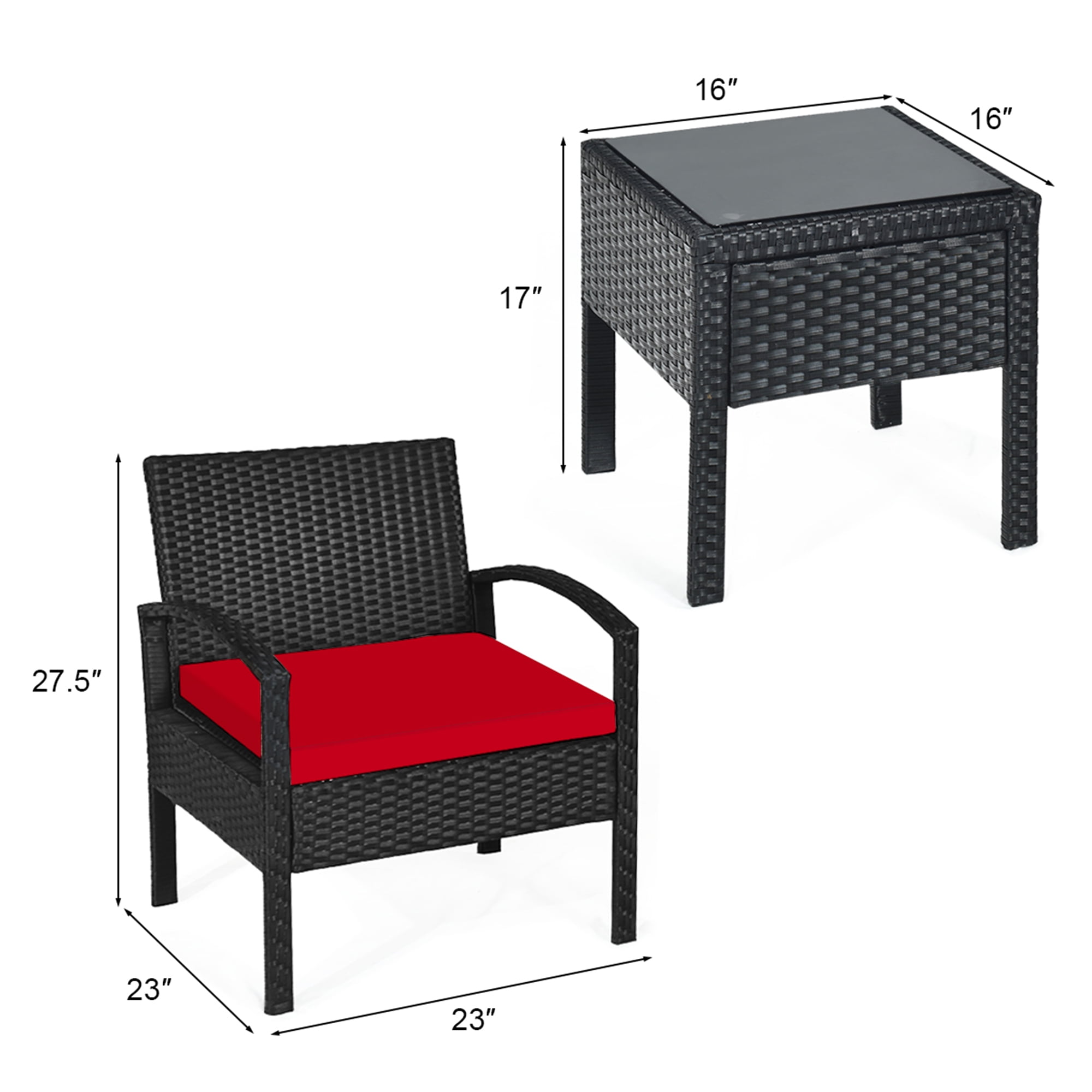 Gymax 3PCS Patio Rattan Conversation Furniture Set Outdoor Yard w/ Red Cushions