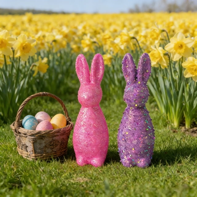 Easter Bunny Figurine Pair – Cute Rabbit Statues for Home Desktop Ornament & Holiday Centerpiece Display