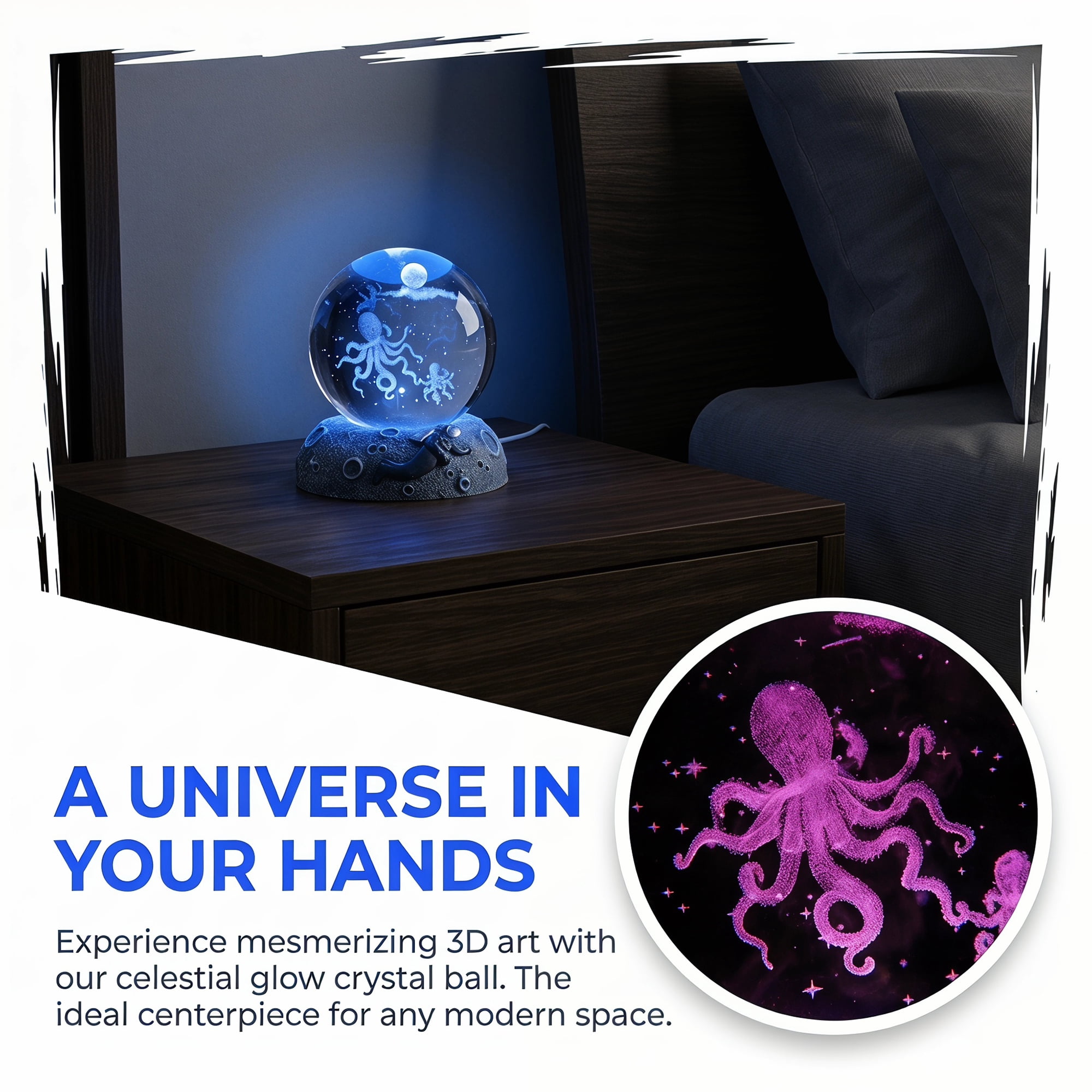 Unique Bargains Glowing Crystal Ball 3D Glass Ornament with LED Light Base Blue Style H