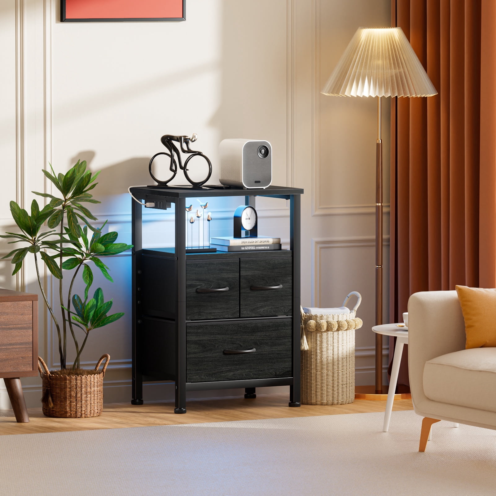 Satifur Nightstand with Charging Station and LED Lights,  Chest of 3 Fabric Drawers, Black