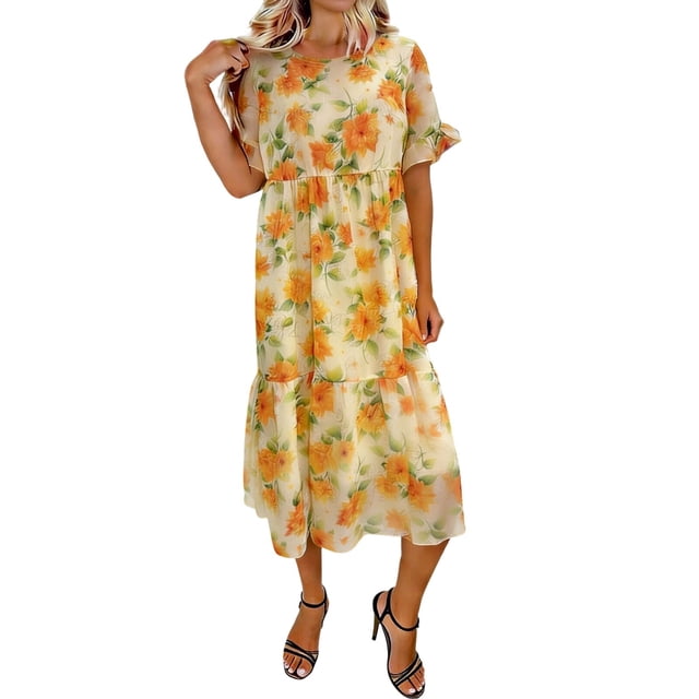 Vestido de Manga Estampada Casual de Manga Corta de Cuello Redondo para el Uso Diario de Primavera Verano de las Mujeres