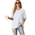 thumbnail image 3 of JWD Women's Top Short Sleeved T-Shirt Round Neck Casual Blouses Patchwork Split Hem Tee Top Gray White M, 3 of 8