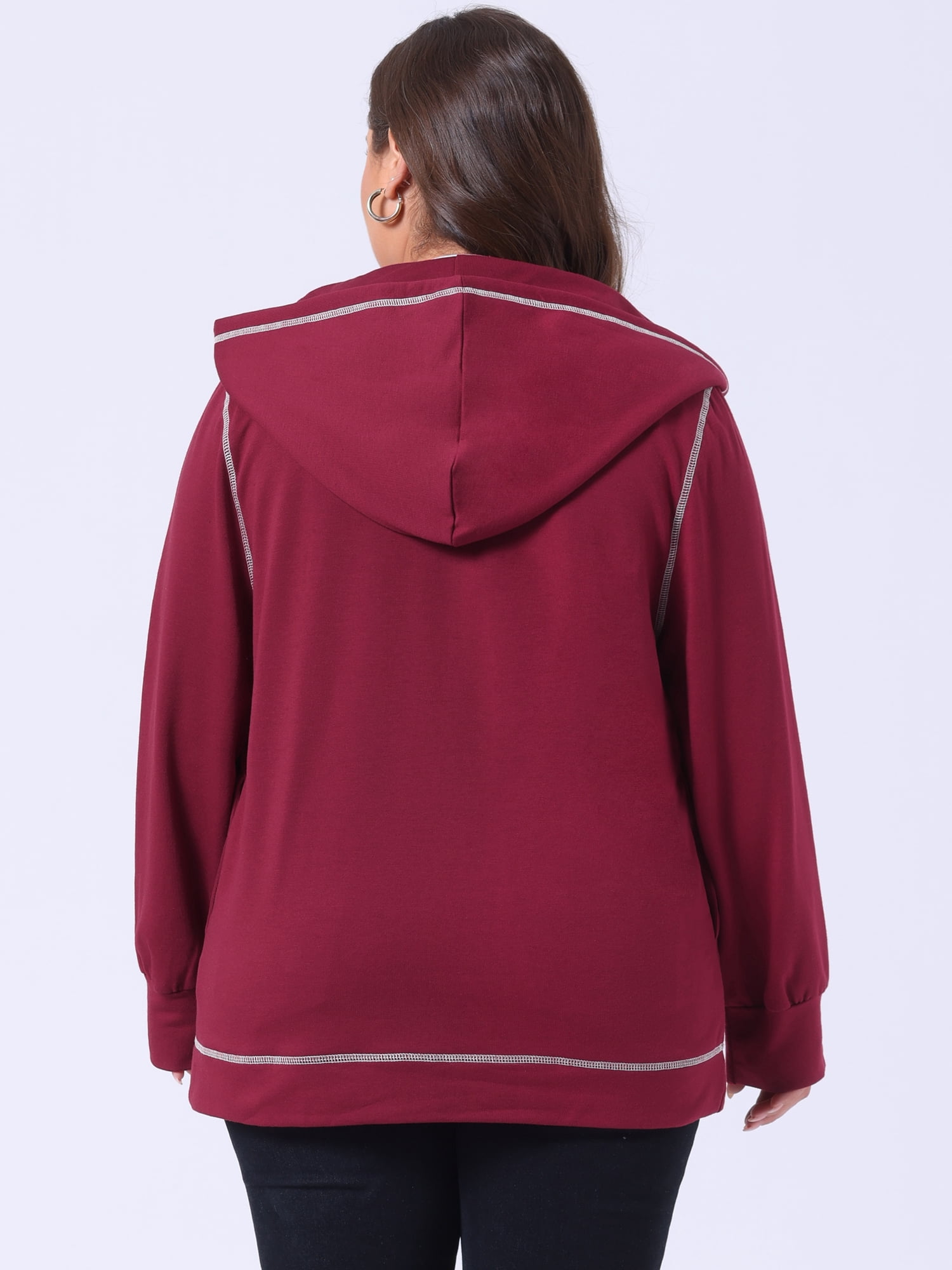 Unique Bargains Women's Plus Size Fleece Jacket Zip Front Hoodie 2X Burgundy
