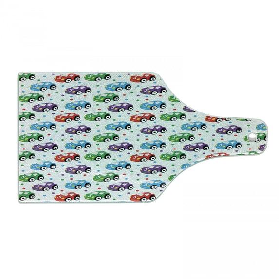 Cars Cutting Board, Boy Toy Pattern with Dots Number 5 Cars for Joyous Play Time, Decorative Tempered Glass Cutting and Serving Board, Wine Bottle Shape, Multicolor, by Ambesonne