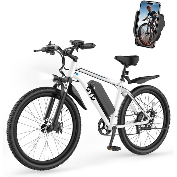 Electric Bikes for Adults with Mobile Phone Holder,28MPH ,26" ,Peak 1200W Electric Mountain Bike,UP to 60-80 Miles, 48V 624Wh Removable Battery,7-Speed(UL 2849),White.