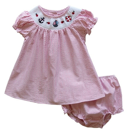 

Good Lad Newborn/Infant Girls Red Seersucker July 4th Nautical Smocked Dress with Matching Panty