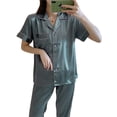 thumbnail image 4 of Yolossia Plus Size Womens Short Sleeve Nightshirt Pants Loungewear Sleepwear Satin Silk Pajamas, 4 of 4