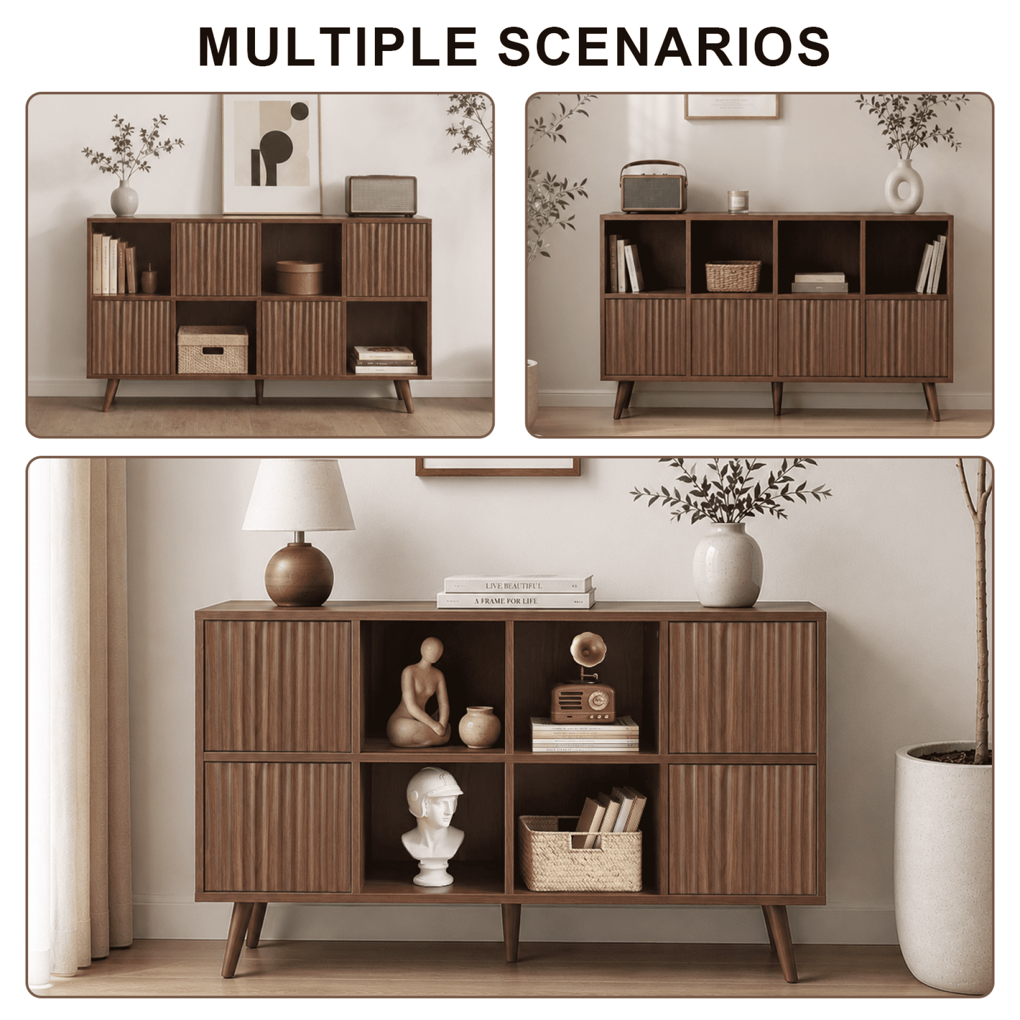 Leumius 8 Cube Bookcase Storage Cabinet with 4 Doors, Freestanding Cube Shelf Organizer for Living Room Bedroom Office Walnut