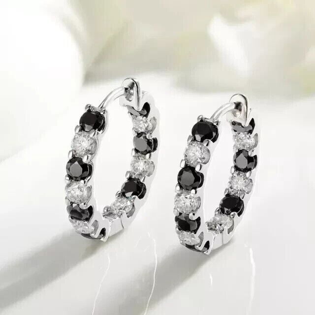 3.00Ct Round Cut Lab Created Black & White Diamond Engagement Women's Hoop Earrings 14K White Gold Plated Silver