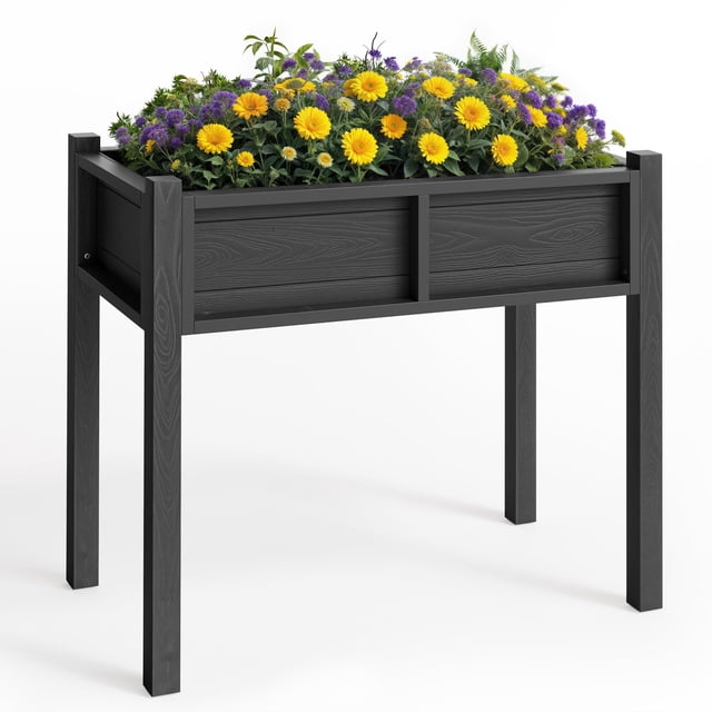 YITAHOME Cama de jardín elevada HIPS Macetero elevado de polimadera con patas y orificio de drenaje Soporte para jardinera pequeña para patio, balcón, jardín, patio trasero, color negro