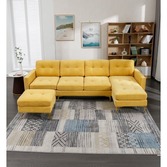 110" L-Shape Convertible Sectional Sofa 4 Seats Couch with Movable Ottoman Storage Pockets Modern Upholstered Sofa for Apartment,Yellow