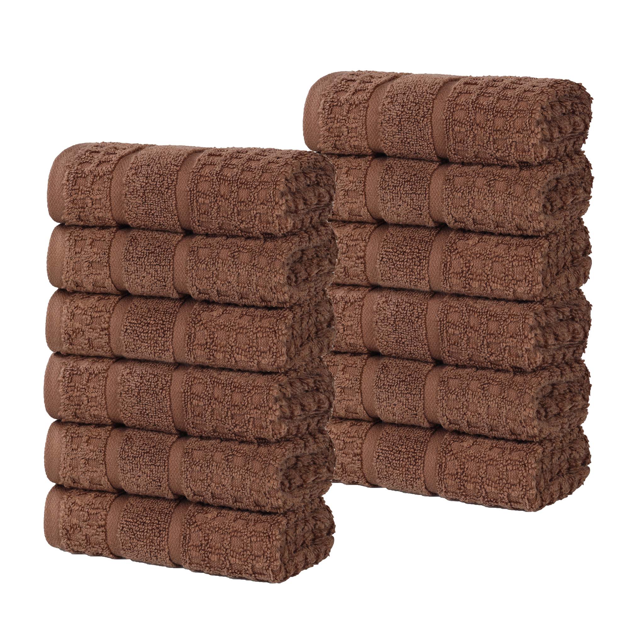 Superior Zero Twist 12-Piece Cotton Face Towel Set, Waffle Border Ultra Doft Quick Dry Towels, Chocolate