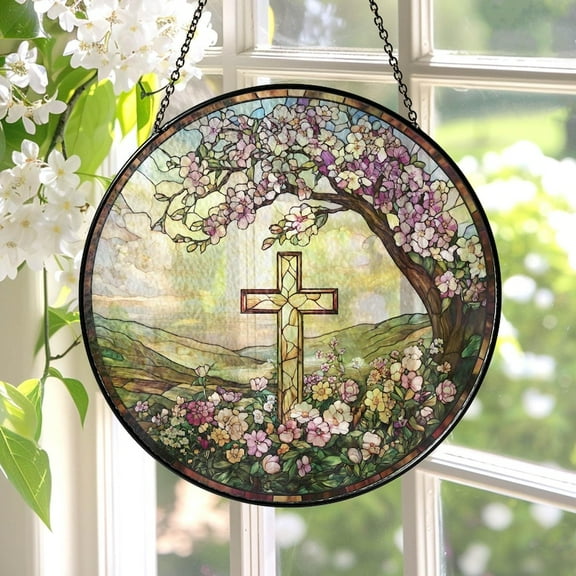 Cross And Wild Flower STAINED SUNCATCHER, Christian Cross Windows Hanging, Flower Cross Gift For Religious, Christian Faith Home Décor