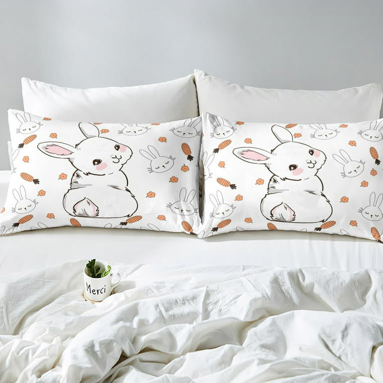 Bedding Set Aesthetic Rabbit Bear Twin Duvet Cover Flat Sheet